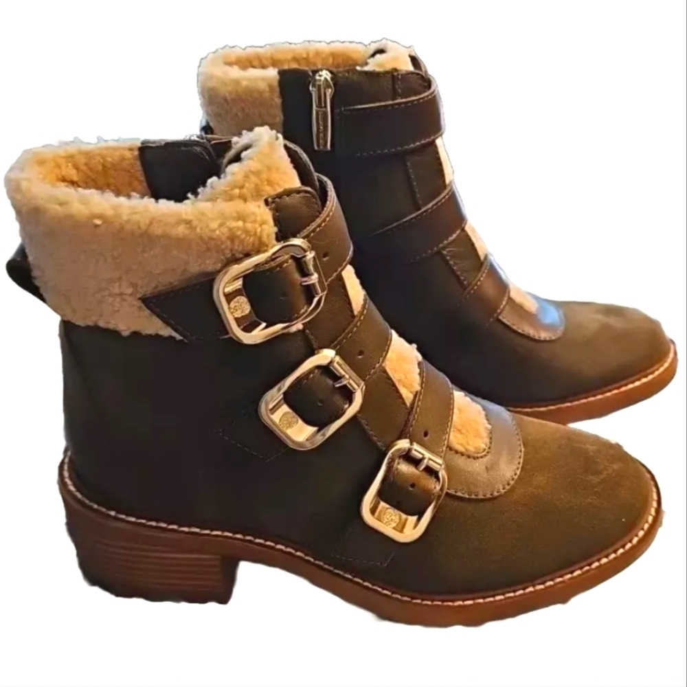Vince Camuto KLERICA Leather Faux Fur Moto BOOTS Booties Army Green  7.5 Eur 37